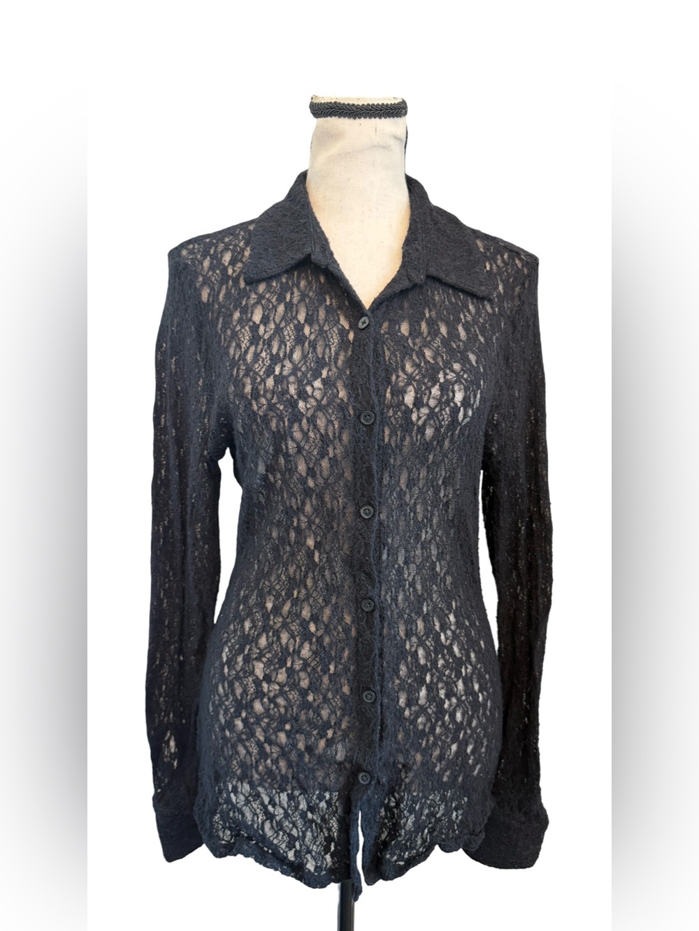 Open Edit Black Lace Cardigan Blouse Button Front Sheer Long Sleeve Size M